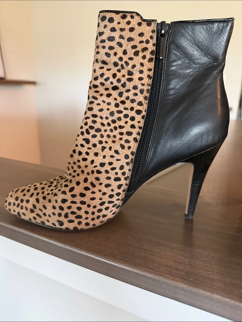 White House Black Market Black and Tan Leopard-Print Ankle Boots